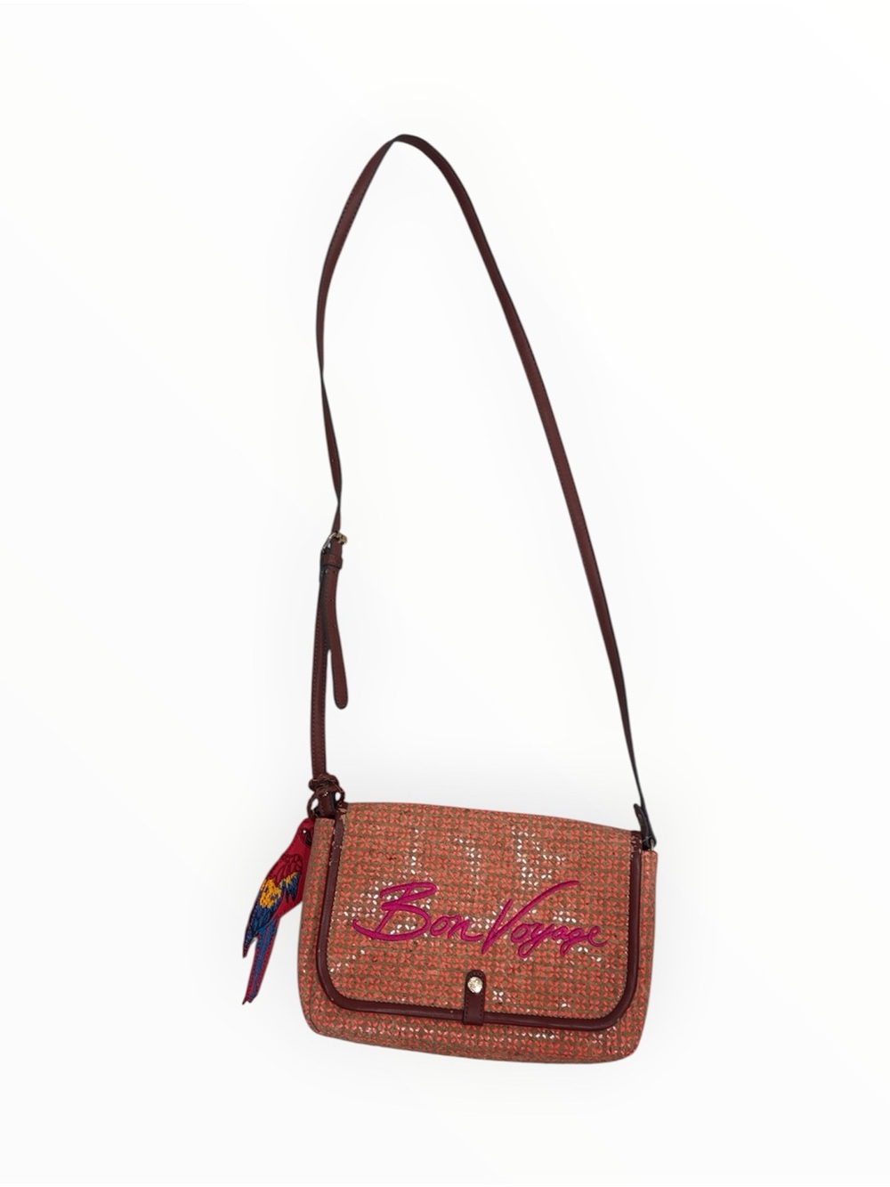Tommy Bahama Bon Voyage cork crossbody bag with pink cursive text #bonvoyage